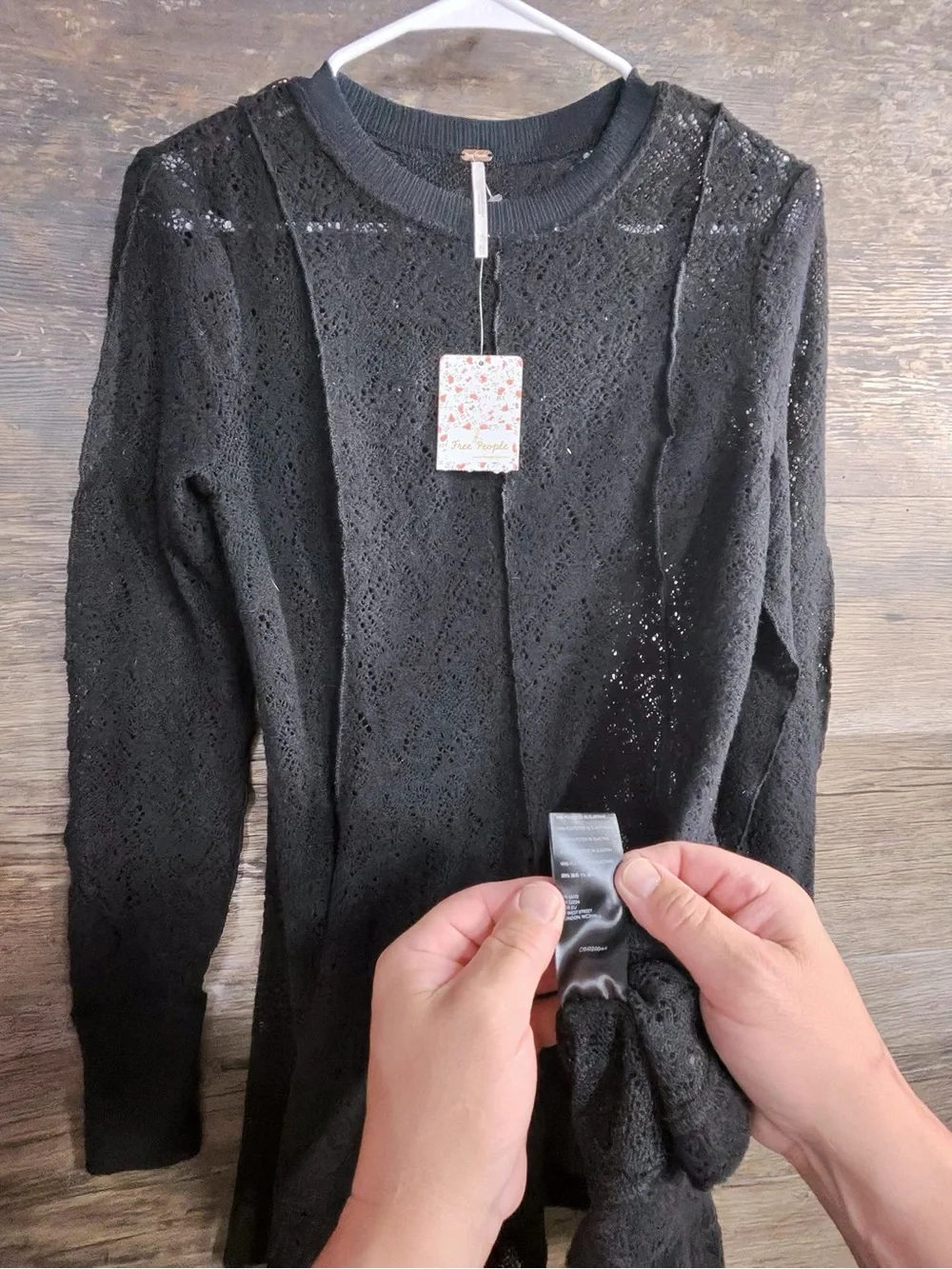 Free People Black Lace Panel Long Sleeve Blouse